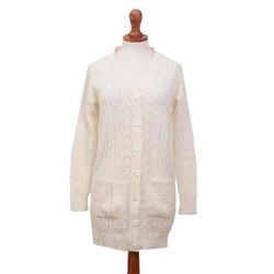 Comfortable Charm,'Cable Knit Baby Alpaca Blend Cardigan in Ivory from Peru'