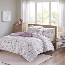 Intelligent Design Twin/Twin XL Metallic Printed & Pintucked Comforter in Plum - Olliix ID10-1674