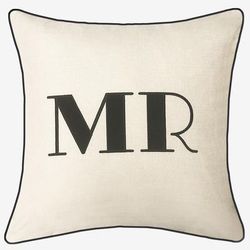 Embroidered Appliqued "Mr" Decorative Pillow by Levinsohn Textiles in Oyster Black