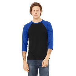 Bella + Canvas 3200 3/4-Sleeve Baseball T-Shirt in Black/True Royal Blue size Large | Ringspun Cotton B3200, BC3200