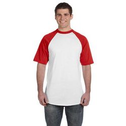Augusta Sportswear 423 Adult Short-Sleeve Baseball Jersey T-Shirt in White/Red size Medium | Cotton Polyester