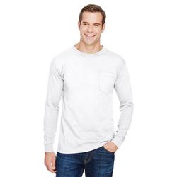 Bayside BA3055 Union-Made Long-Sleeve Pocket Crew T-Shirt in White size 2XL | Cotton 3055