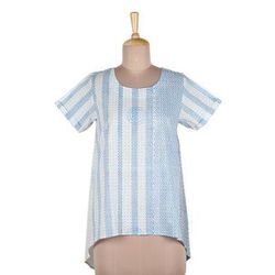 Waves of Blue,'Block Printed White Cotton Top with Light Blue Stripe Detail'