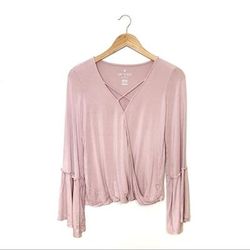 American Eagle Outfitters Tops | Aeo Pink Bell Sleeve Strappy Faux Wrap Top Size S | Color: Pink | Size: S