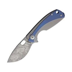 Viper Lille Framelock Folding Knife 3.63in Closed 2.5in Damascus Steel Blade Blue Anodized Titanium Handle With Damascus Steel Onlay Thumb Pull Pocket