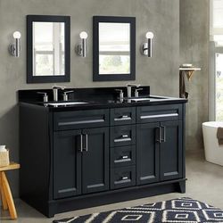 "61" Double sink vanity in Dark Gray finish and Black galaxy granite and rectangle sink - BellaTerra 400700-61D-DG-BGR"