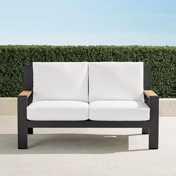 Calhoun Loveseat with Cushions in Matte Black Aluminum - Standard, Cara Stripe Air Blue - Frontgate