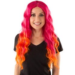 Perruque "Purple Rain", rose vif/orange, résistant à la chaleur