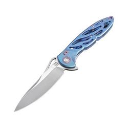Artisan Cutlery Hoverwing Framelock Folding Knife 5in Closed 3.75in Satin S35Vn SS Blade Blue Titanium Handle Thumb Pull Pocket Clip Black Nylon