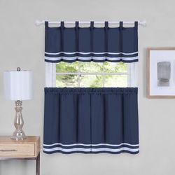 Wide Width Dakota Window Curtain Tier Pair and Valance Set by Achim Home Décor in Navy (Size 58" W 24" L)