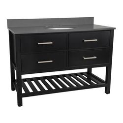 Randolph Morris Everett 48 Inch Birch & Oak Solid Wood Single Sink Console Vanity with Oval Undermount Sink and Gray Quartz Countertop - Black RMFED-48BK-RGQ