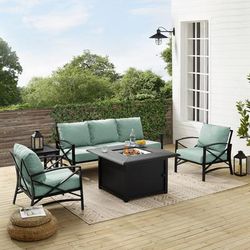 Kaplan 5Pc Outdoor Metal Sofa Set W/Fire Table Mist/Oil Rubbed Bronze - Sofa, Dante Fire Table, Side Table, & 2 Arm Chairs - Crosley KO60036BZ-MI