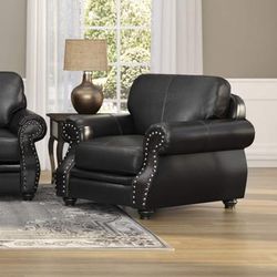 "Sunset Trading Charleston 42" Wide Top Grain Leather Armchair | Black Rolled Arm Accent Chair with Nailheads - Sunset Trading SU-CR2130-80-100LF"