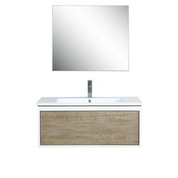 "Scopi 36" Rustic Acacia Bathroom Vanity, Acrylic Composite Top with Integrated Sink, Balzani Gun Metal Faucet Set, and 28" Frameless Mirror - Lexora Home LSC36SRAOSM28FGM"