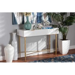 Baxton Studio Galia Modern and Contemporary White Finished Wood and Gold Metal 1-Drawer Console Table - Wholesale Interiors JY20B124-White/Gold-Console