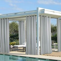 Wide Width Outdoor Decor Coastal Stripe Outdoor Single Grommet Curtain Panel by Commonwealth Home Fashions in Grey (Size 50" W 108"L)