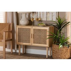 Baxton Studio Maclean Mid-Century Modern Rattan and Natural Brown Finished Wood 2-Door Sideboard Buffet - Wholesale Interiors LYA20-103-Natural Wooden-Sideboard