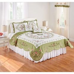 Ava Oversized Embroidered Cotton Quilt by BrylaneHome in Dark Green (Size FL/QUE)