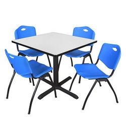 Regency Cain 42 in. Square Breakroom Table- White & 4 M Stack Chairs- Blue - Regency TB4242WH47BE