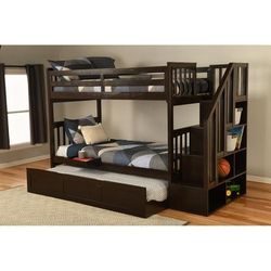 Kelcie Twin - Twin Bunk Bed Dark Chocolate - Trundle Bed+ Tray - Kodiak Furniture KFTTKLCTCHT8