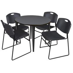 Regency Kahlo 36 in. Round Breakroom Table- Grey Top, Black Base & 4 Zeng Stack Chairs- Black - Regency TPL36RNDGYBK44BK