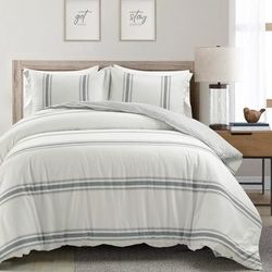 Farmhouse Stripe Reversible Cotton Duvet Cover Dark Gray 3Pc Set Full/Queen - Lush Decor 21T011743