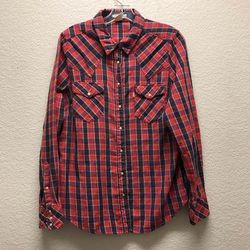 Levi's Tops | Levis Western Plaid Pearl Snap Button Down Shirt Xl | Color: Blue/Pink | Size: Xl