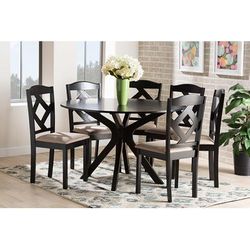 Baxton Studio Carlin Sand Fabric Upholstered and Dark Brown Finished Wood 7-Piece Dining Set - Wholesale Interiors Carlin-Sand-Dark-Brown-7PC-Dining-Set