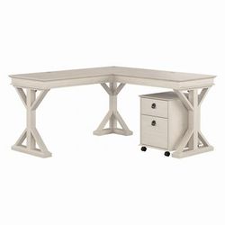 Bush Furniture Homestead 60W Farmhouse L Shaped Desk with Mobile File Cabinet in Linen White Oak - Bush Furniture HOT002LW