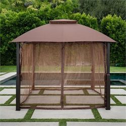 Morning Vale Aluminum and Steel Gazebo with Mosquito Netting, Brown / Dark Gray (9.8' D x 9.8' W x 9.4' H) - Hanover MORNVLGAZ-TAN