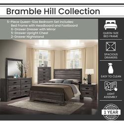 Bramble Hill 5-Piece Bedroom Furniture Set with Queen-Size Bed Frame in Weathered Gray Finish - Hanover HBR016A5Q1-WG
