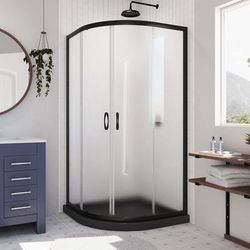Dreamline DreamLine Prime 36 inch D x 36 inch W x 74 3/4 inch H Semi-Frameless Sliding Frosted Shower Enclosure in Matte Black with Black Shower Base Kit DL-6702-89-09FR