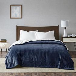 True North by Sleep Philosophy 100% Polyester Solid Low Pile Microvelour VS W/ Berber Heated Blanket in Indigo - Olliix TN54-0404