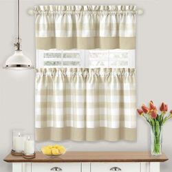 Wide Width Hunter Window Curtain Tier Pair And Valance Set by Achim Home Décor in Tan (Size 57" W 36" L)