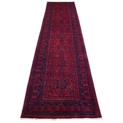 Shahbanu Rugs Deep Red Hand Knotted Afghan Khamyab with Geometric Design Soft Wool Runner Oriental Rug (2'10" x 12'11")