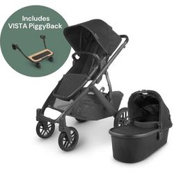 UPPAbaby Vista V2 Single-to-Double Stroller + PiggyBack Ride-Along Bundle - Jake (Black/Carbon/Black