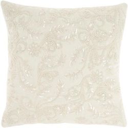 "Mina Victory Sofia Beaded Flowers Ivory Throw Pillows 20" x 20" - Nourison 798019008444"