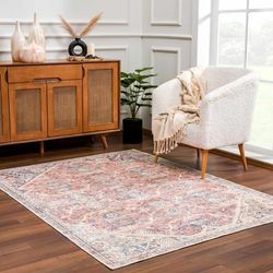 Konstantina 5'3" x 7'3" Rose Cream/Dark Blue/Brown/Peach/Pink/Mustard/Aqua/Rose Cream/Dark Blue/Brown/Off White Washable Area Rug - Hauteloom