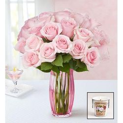 1-800-Flowers Flower Delivery Pink Petal Roses 24 Stems W/ Pink Vase & Candle