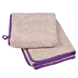 Pet Fresh Tech Towel and Blanket for Dog and Cat Grooming in Sand Beige with Berry Purple, 50" L X 30" W X 0.275" H, Large
