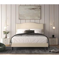 Melody King Chrome Nail head Upholstered Platform Bed in Beige - CasePiece USA C80087-721