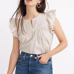 Madewell Tops | Madewell Ruffle-Sleeve Bib Top In Metallic Stripe | Color: Cream | Size: M