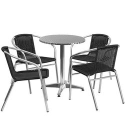 Flash Furniture TLH-ALUM-24RD-020BKCHR4-GG 23 1/2" Round Patio Table & 4 Black Rattan Arm Chair Set - Stainless Top, Aluminum Base