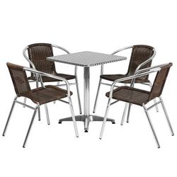 Flash Furniture TLH-ALUM-24SQ-020CHR4-GG 23 1/2" Square Patio Table & 4 Brown Rattan Arm Chair Set - Stainless Steel Top, Aluminum Base