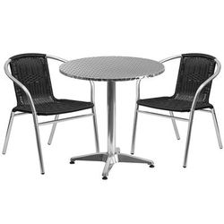 Flash Furniture TLH-ALUM-28RD-020BKCHR2-GG 27 1/2" Round Patio Table & 2 Black Rattan Arm Chair Set - Stainless Top, Aluminum Base