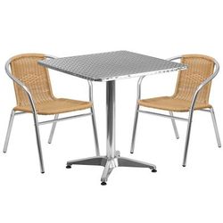 Flash Furniture TLH-ALUM-28SQ-020BGECHR2-GG 27 1/2" Square Patio Table & 2 Beige Rattan Arm Chair Set - Stainless Steel Top, Aluminum Base