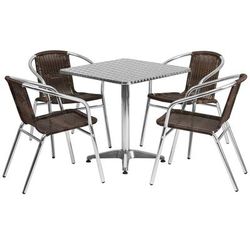Flash Furniture TLH-ALUM-28SQ-020CHR4-GG 27 1/2" Square Patio Table & 4 Brown Rattan Arm Chair Set - Stainless Steel Top, Aluminum Base