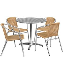 Flash Furniture TLH-ALUM-32RD-020BGECHR4-GG 31 1/2" Round Patio Table & 4 Beige Rattan Arm Chair Set - Stainless Steel Top, Aluminum Base