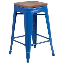 Flash Furniture CH-31320-24-BL-WD-GG Counter Height Backless Stool w/ Wood Seat, Blue