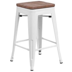 Flash Furniture CH-31320-24-WH-WD-GG Counter Height Backless Commercial Bar Stool w/ Wood Seat, White
